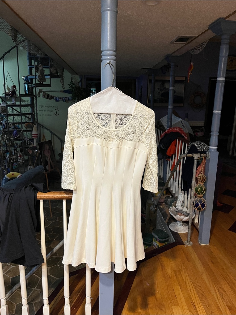 Cream Lace Yoke Fit-and-Flare Dress